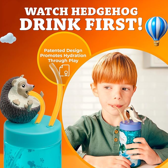 Kids Water Bottle, Toddler Cups, Tumbler with Lid and Straw, Travel Sippy Cup for Water or Milk, Kids Cups with Lids for Toddlers 3 and Up, BPA Free Plastic, 12 oz (Trend Zoo Hedgehog)