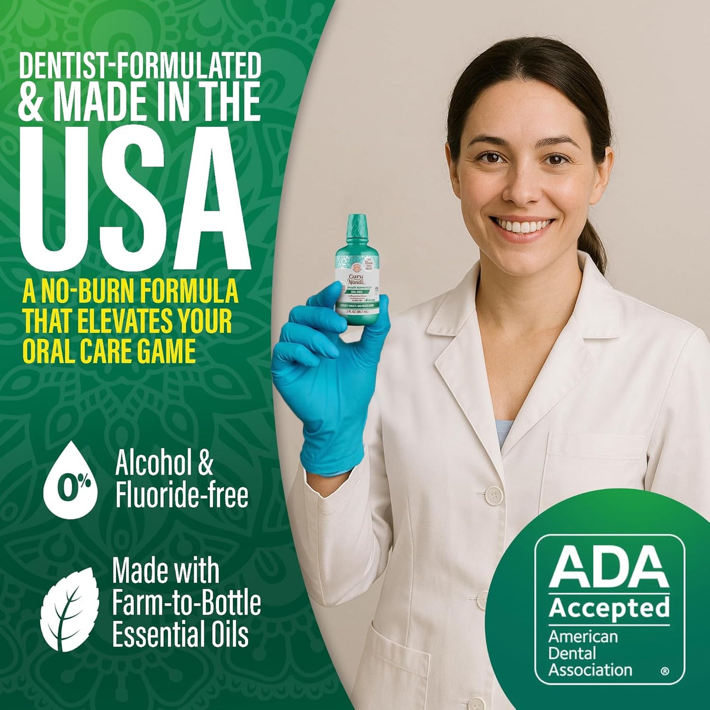 GuruNanda Fresh Breath Mouthwash, ADA-Accepted, Alcohol & Fluoride-Free, Sodium Chlorite, Essential Oils & Vitamins, 12-Hrs Fresh Breath, Wild Mint, 3 oz