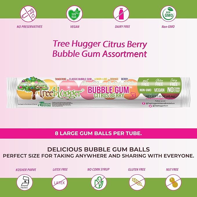 Tree Hugger Bubble Gum, Citrus Berry, Natural Flavors, No Artificial Colors, 1.6 Ounce (Pack of 12)