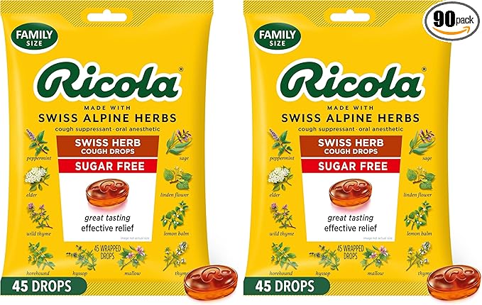Ricola Sugar Free Original Natural Herb Cough Drops, 45 Count, Cough Suppressant & Throat Relieving Drops with Naturally Sourced Menthol, Pleasing Taste for Coughs & Throat Irritation Symptom Relief