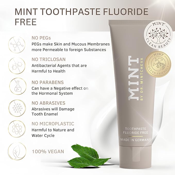 Mint Toothpaste Without Fluoride - Vegan and Without microplastic - Cleans Particularly Thoroughly and Protects reliably - Unique Ultrapolish Technology MPT1 - by Dr. Mintcheva | 2.78 oz