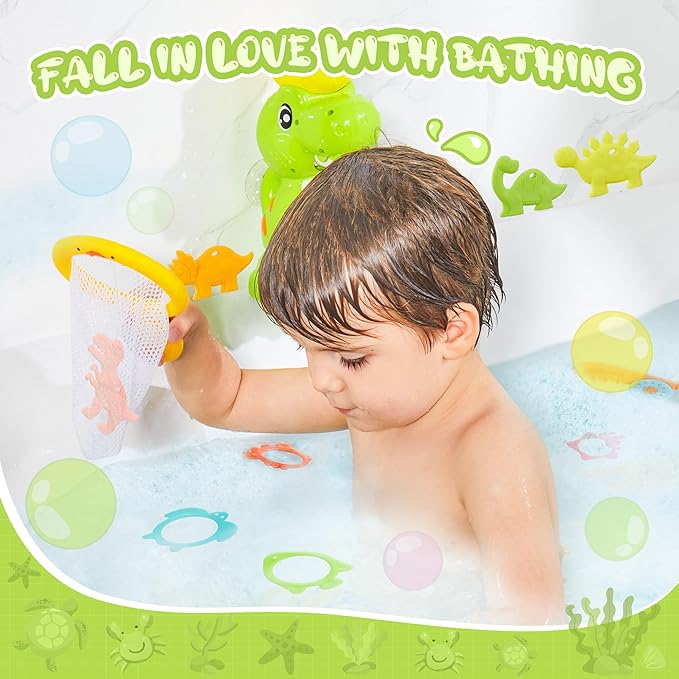 EKU Dinosaur Bath Toys for Kids Toddler Age 18months+ Mold Free Water Wheels and Fishing Games Bathtub Tub Bath Time Play Girls Boys Color Sound Movement Interactive