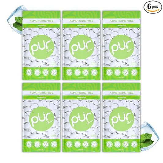 PUR Gum | Aspartame Free Chewing Gum | 100% Xylitol | Natural Coolmint Flavored Gum, 55 Pieces (Pack of 6)