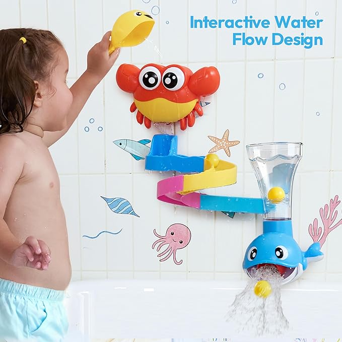 lalalark Bath Toys for Kids, 7-in-1 Shower Bathtub Toy with Crab, Whale, Rotating Fish & Slide Track, Interactive Water Play Set with Pour & Spray Fun for Toddlers, Boys & Girls Gifts for Christmas