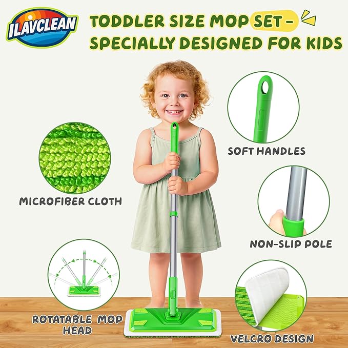 2-Set Toy Mop for Kids - Toddler Real Spray Mop and Flat Floor Mop Montessori Cleaning Toy Set, Educational and Fun Gifts for Boys and Girls Ages 4+