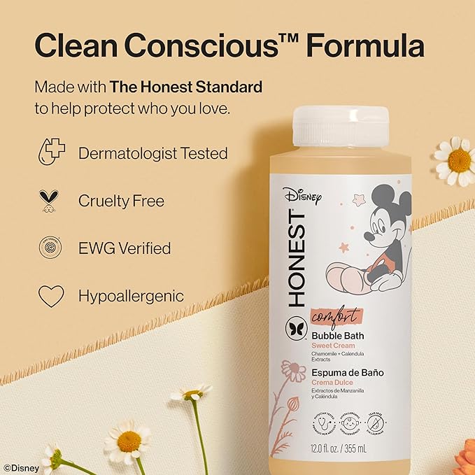 The Honest Company Foaming Bubble Bath Gentle Enough for Baby Dermatologist Tested Tear-Free Hypoallergenic Disney’s Mickey Mouse Comfort Sweet Cream 12 fl oz
