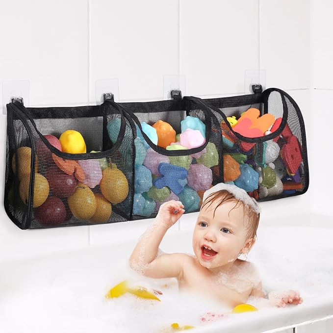 Goowin Bath Toy Storage, Bath Toy Holder, 3 Compartment Large Openings Bath Toy Organizer, Large Capacity Bath Tub Toy Holder, Kids Bathtub Toy Storage For Accessing & Sorting Toys (Black, Regular)
