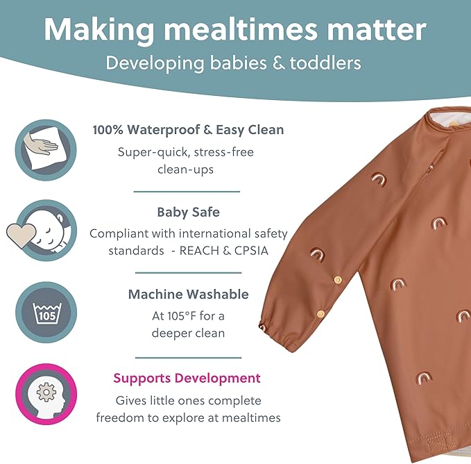 BIBaDO - Long Sleeve Baby Bibs - Babies & Toddlers 6-36 Months - Coverall Baby Led Weaning Bib - Easy Wipe, Soft & Waterproof