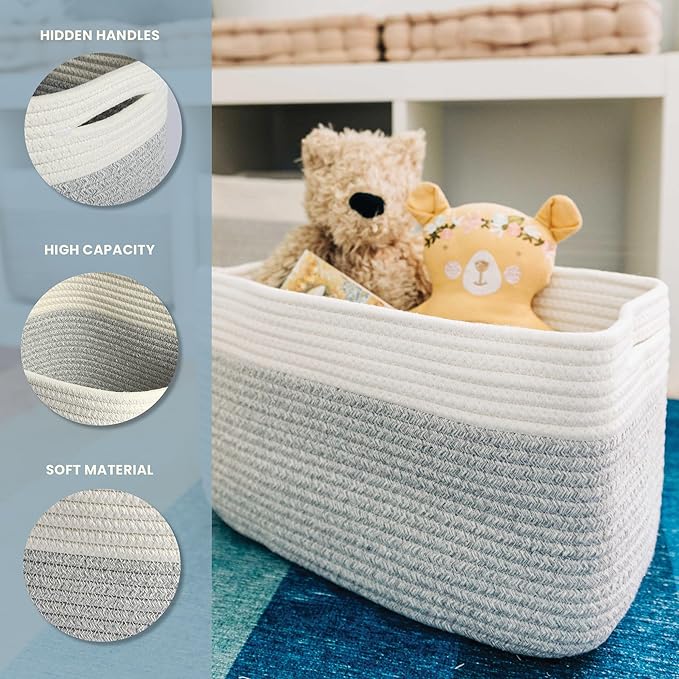 OrganiHaus Set of 3 Woven Storage Baskets for Shelves, Decorative Organizer Bins for Closet & Bathroom, Multipurpose Home Organization Baskets, Toy Storage Basket - Gray/Off-White, 15x9x10 inches