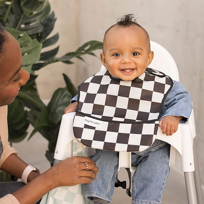 Tiny Twinkle Mess-Proof Baby Bibs for Eating | Waterproof, Wipeable Toddler Bibs with Catch-All Pocket | Feeding Bibs for Girls & Boys(3 Pack,Checkers Boy)