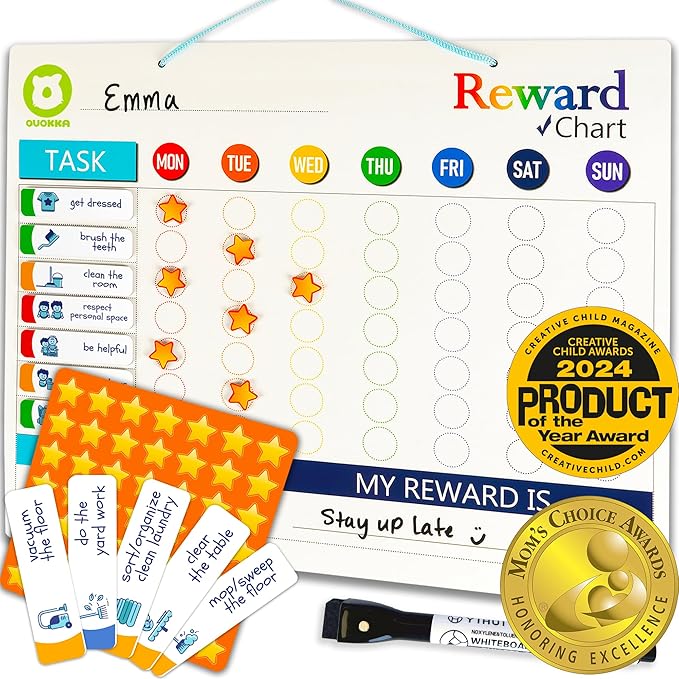 QUOKKA Reward Chart for Kids - Magnetic Behavior Chore Chart for Kids at Home - Dry and Erase Routine and Responsibility - Use 84 Magnets & 102 Stars - from Toddlers to Teens