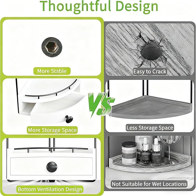 2-Tier Corner Bathroom Counter Organizer with Drawer & Embedded Screw Holes - Wooden Countertop Organizers for Skincare, Makeup Storage, Bathroom Sink Counter Shelf for Vanity, White