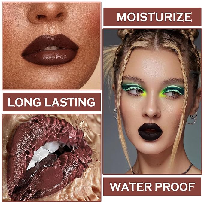 3 in 1 Black Lip Liner Pencil and Lipstick lipgloss Set Matte Black Lipstick Lip Gloss Kit Long-lasting Nonstick Cup Smudge Proof Lip Kits with Lip Liner,Velvet Goth Makeup (12#Black Magic)