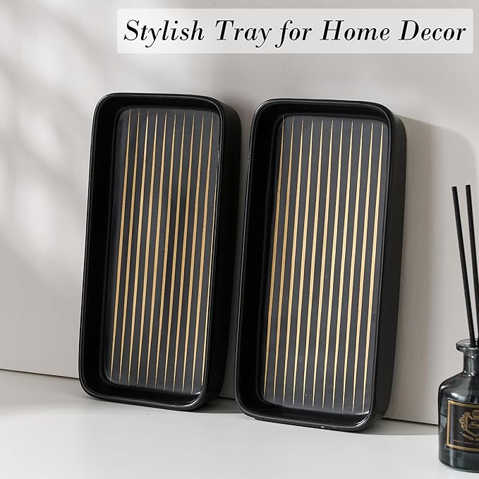 Bathroom Vanity Tray for Countertop,2PC Rectangle Striped Tray,Decorative Bathroom Organizer for Scrubber, Lotion Bottles, Perfume, Jewelry, Candle, Key Trinket Ring(Small,Black)