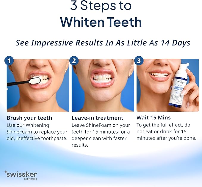 Swissklip ShineFoam | Teeth Whitening Foam | Mint Flavor Whitening Toothpaste | Teeth Whitener I Professional Teeth Whitening Kit | 100% Vegan - Made in USA - 1.69 oz - Pack 3