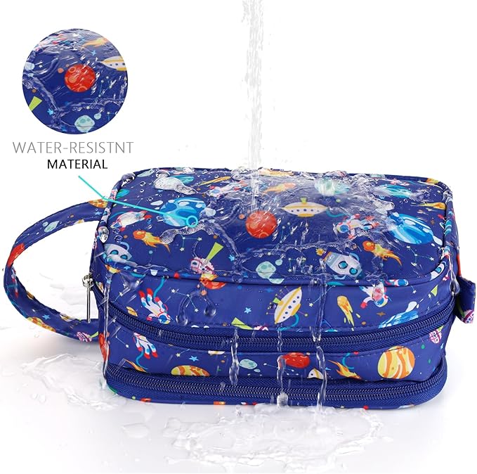 Space Kids Toiletry Bag for Boys, Travel Toiletry Bag for Little Young Boys Waterproof Hanging Wash Bag Toddler Traveling Toiletries, Blue