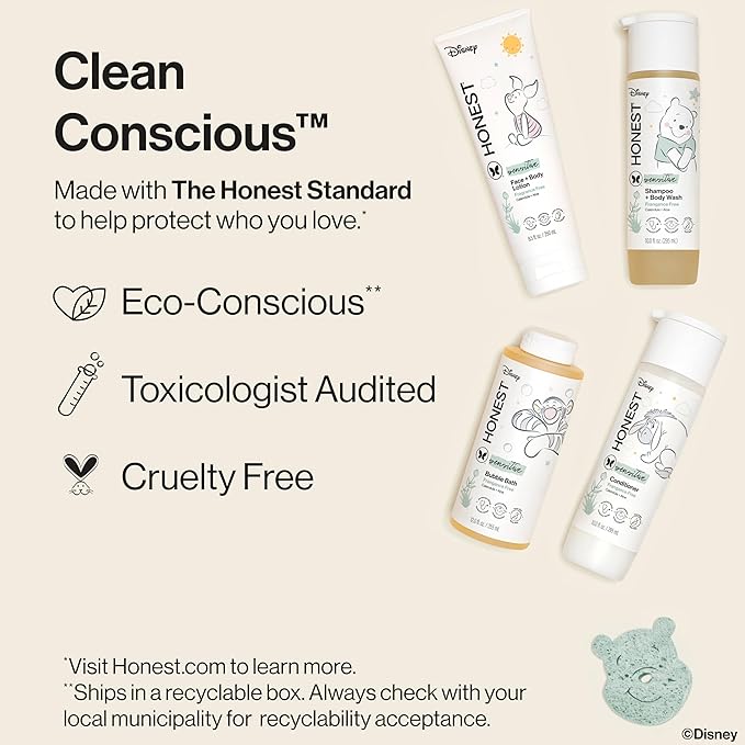 The Honest Company Fragrance Free Bathtime Gift Set + Disney Design | Hypoallergenic Bath Essentials for Sensitive Skin | Shampoo + Body Wash, Face + Body Lotion, Bubble Bath, Conditioner, Sponge