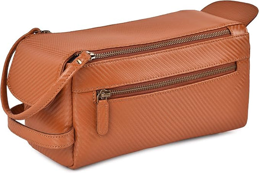 LEATHER VILLAGE Premium Carbon Fiber Genuine Leather Travel Toiletry Bag - Large Compact Dopp Kit, Water-Resistance Shaving & Cosmetic Organizer for Men & Women - Tan