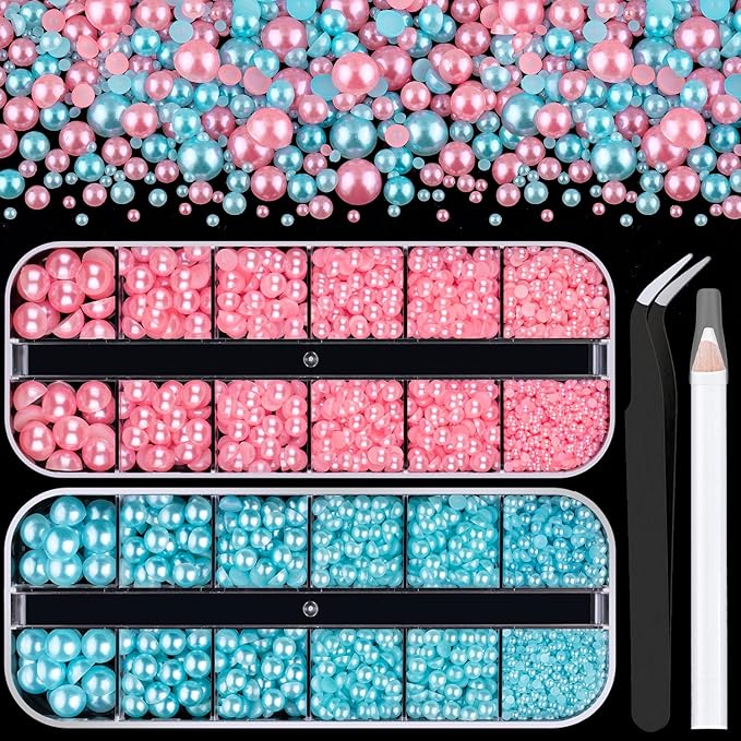 2 Boxes Flat Back Pearls Kit 18 Flatback Pink&Light Blue Half Round Pearls 2-8mm with Pickup Pencil and Tweezer for Home DIY and Professional Nail Art, Face Makeup and Craft