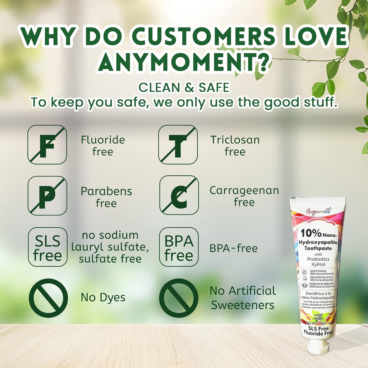 Anymoment 10% Nano Hydroxyapatite Toothpaste (Fluoride Free), Whitening*, Supports Enamel Care*, Appropriate for Sensitive Teeth*, SLS Free, Xylitol nHA Toothpaste for Adults, Mint 4oz (Pack of 3)