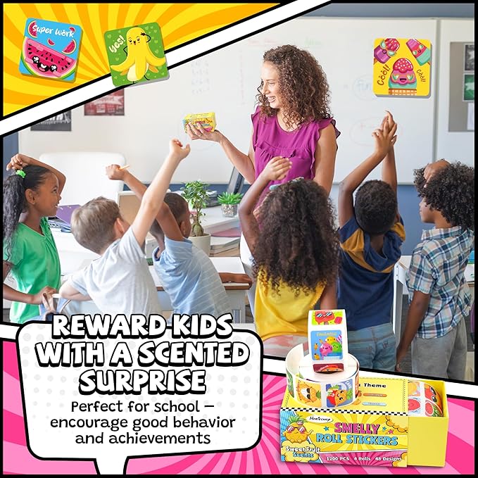 HORIECHALY 1200 Pcs Scented Stickers for Kids, 4 Rolls Scratch and Sniff Smelly Motivational Reward Stickers, Classroom Teacher Must Haves, School Supplies Incentives for Students(0.98")