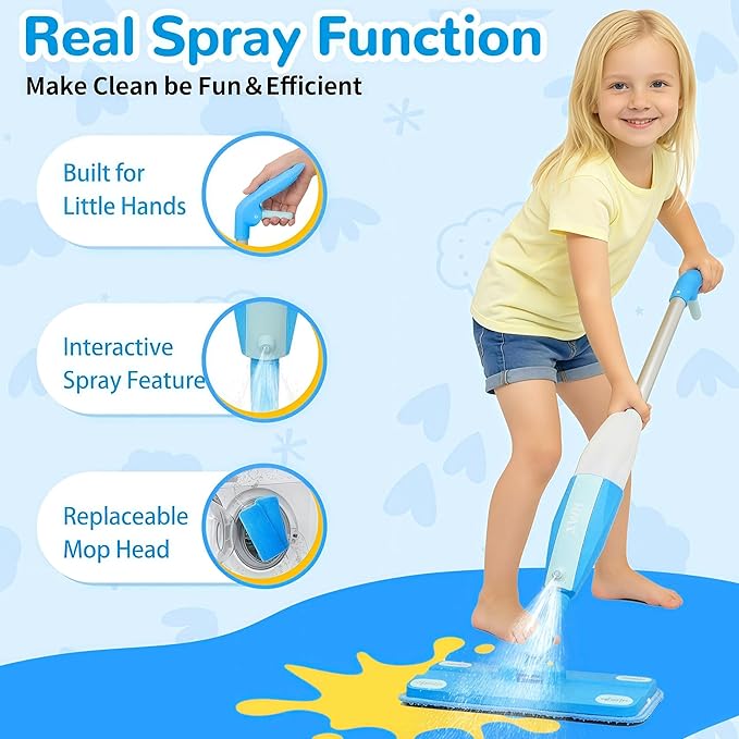 HWZ Kids Cleaning Set, Make Chores Fun! Real Working Toddler Cleaning Toy with Mini Spray Mop & Broom Dustpan Set, Pretend Play Montessori Housekeeping Toys, Ideal Gift for Girls Boys Age 3+
