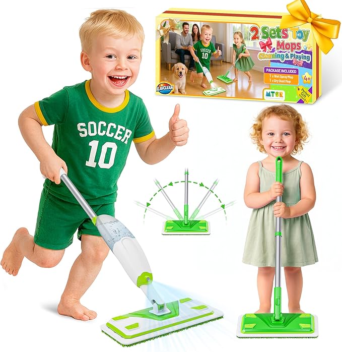 2-Set Toy Mop for Kids - Toddler Real Spray Mop and Flat Floor Mop Montessori Cleaning Toy Set, Educational and Fun Gifts for Boys and Girls Ages 4+