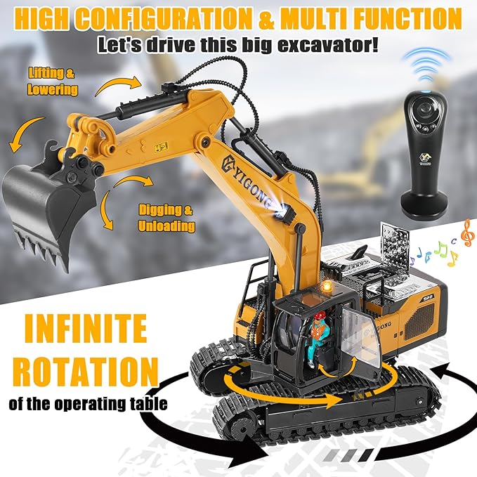 Remote Control Excavator for Boy 6 7 8 9 Years Old, 2.4 GHz Gravity Controlled Excavator Toys with Lights Sound, Rechargeable 11 CH RC Construction Vehicles Metal Shovel, Gifts for Kids 6-12 Year Old