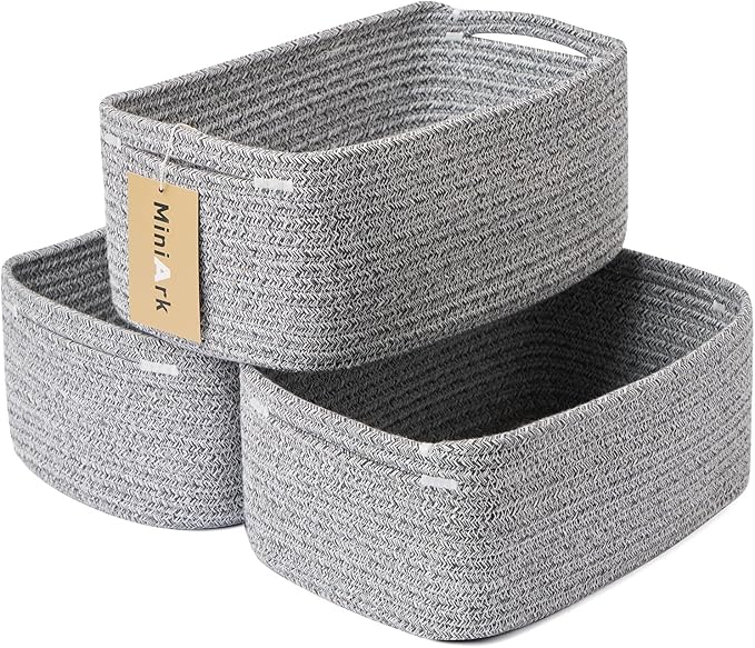 Small Storage Baskets for Organizing | Closet Organizer Bins | Shelf Toy Basket | Woven Rope Baskets | Cube Decorative Box | Shallow Basket | 13x8.5x5.1” | 3 Packs Mixed Grey