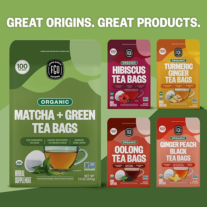 FGO Organic Japanese Matcha + Green Tea, 100 Count, Eco-Conscious Tea Bags, Resealable Bag, Packaging May Vary (Pack of 1)