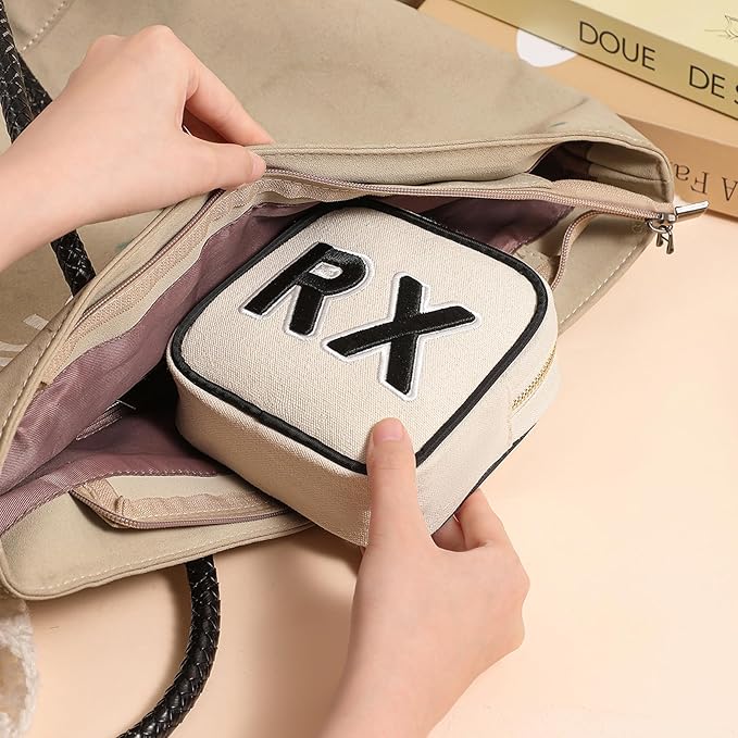 3Pcs Canvas Rx MEDS STUFF Packages, Cute Chenille Letter Patch Drug Makeup Bag with Metal Zipper, Mini Travel First Aid Purse Organizer Machine Washable (3Pcs Bags)