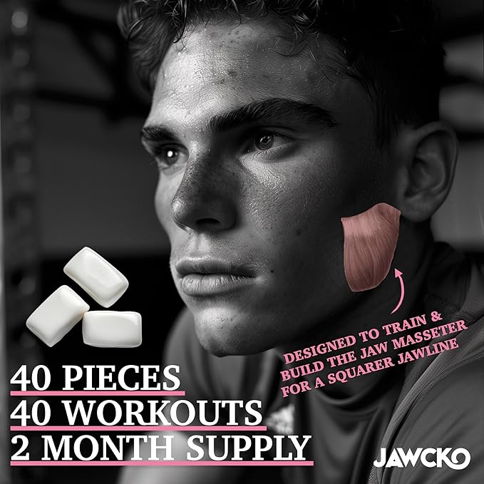 JAWCKO Ultra-Tough Jawline Chewing Gum | Get a Stronger, Squarer Jawline | Bubblegum Jaw Training Hard Gum | 15X Strength | Chisel, Sculpt, Tone your Jaw | Facial Fitness Mewing Gum | 40 Pieces/Pack