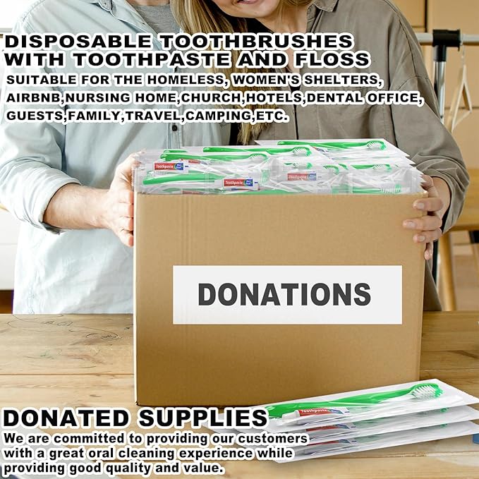 Disposable Toothbrushes with Toothpaste and Floss,30Pcs Green Single Use Individually Wrapped Disposable Travel Toothbrushes and Dental Floss Kit Bulk for Homeless,Airbnb,Hotel,Dentist