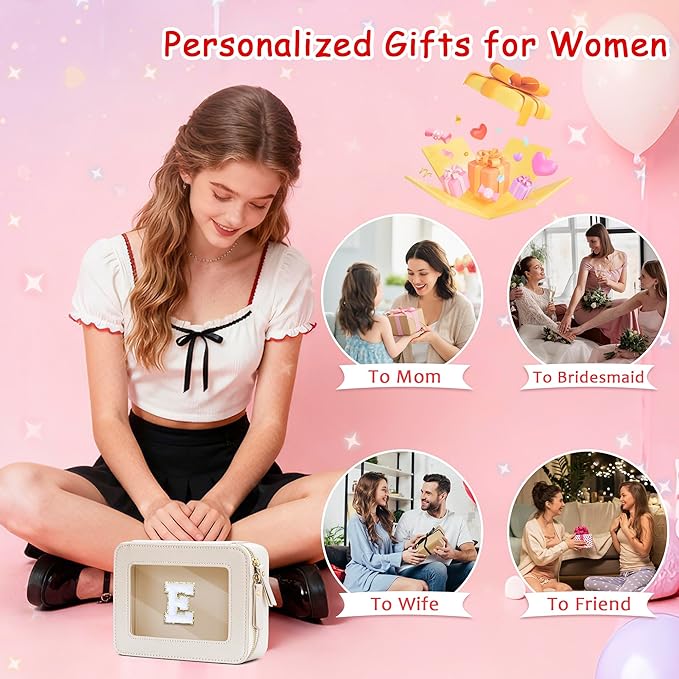 Initial Travel Toiletry Bag - Cosmetic Bags for Girls with Zipper, Clear & Potable Makeup Bag for Travel, Cosmetic Pouch Perfect Gifts for Graduation (Beige, E)