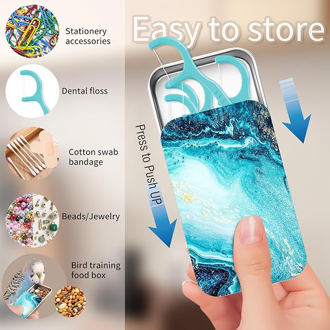 Portable Dental Floss Case, Refillable Cute Travel Floss Dispenser for Men & Women, Pocket Travel Floss Picks Case for Purse, Backpack, Bag Blue Marble