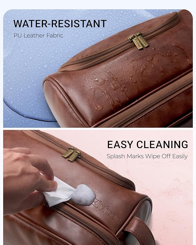 Elviros Toiletry Bag for Mens PU Leather Travel Organizer Kit with Hanging hook, Large Water-resistant Toiletries Bathroom Shaving Bag, Gift For Men (Dark Brown)