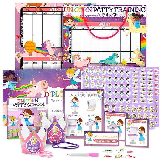 Potty Training Chart for Toddlers Girls, Unicorn Design - Sticker Chart, 4 Week Reward Chart - 213 Cute Stickers, Certificate, Instruction Booklet & Motivational Cards - Bonus Celebratory Crown