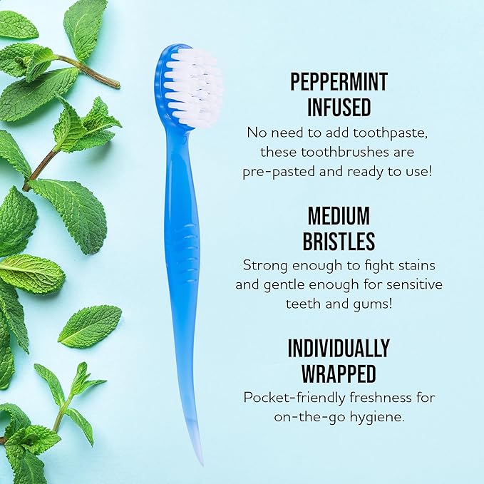 Bulk Toothbrushes - Prepasted Mini Disposable Toothbrush Set (36 Pack - Medium, Individually Wrapped for Travel)