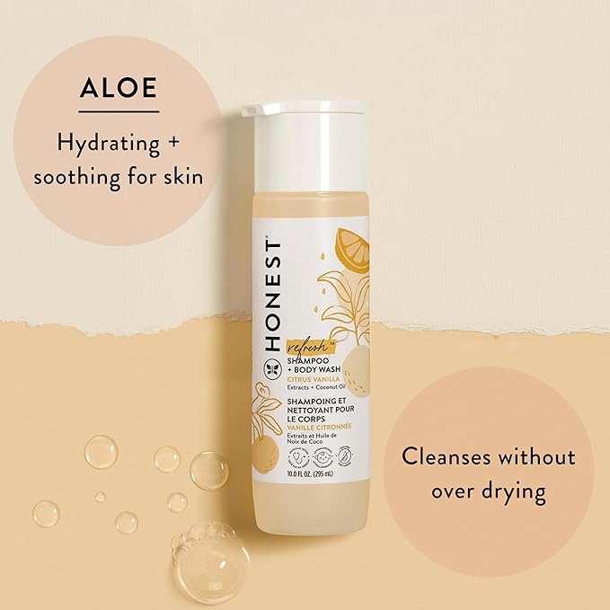 The Honest Company 2-in-1 Cleansing Shampoo Body Wash Gentle for Baby Naturally Derived Tear-free Hypoallergenic Citrus Vanilla Refresh 10 fl oz