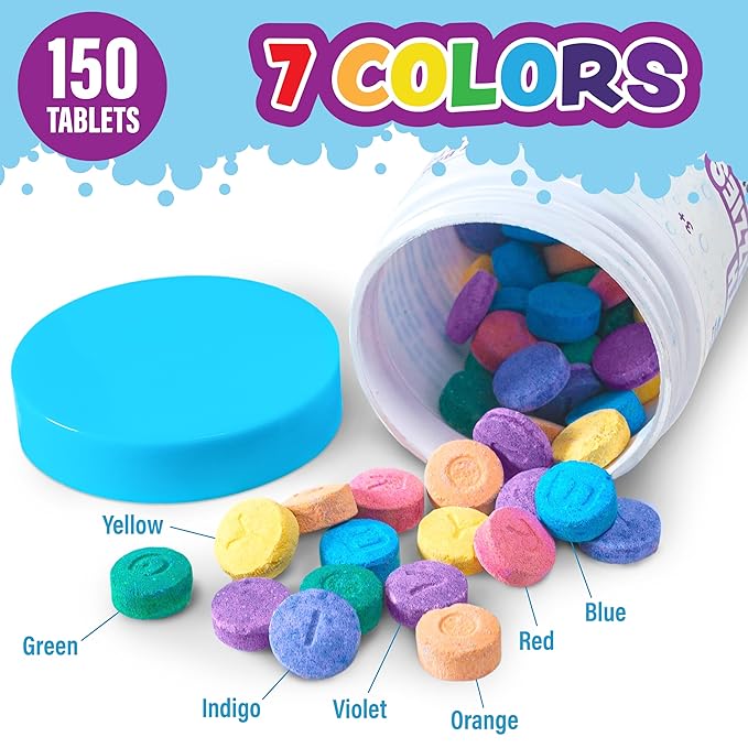 Tub Works Bath Color Tablets for Kids, 150 Count | Nontoxic & Fragrance-Free | Fizzy & Vivid Bath Color Tablets Create Fun Bath Colors | 7 Colored Water Tablets for Variety | BathBombs for Kids Bath