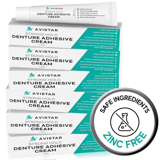 Extra Strong Denture Adhesive Cream, 12 Hour Hold Dental Glue, Waterproof, Zinc & Fluoride Free, Easy Apply Nozzle, Seals Food Out for Comfort, Mint Flavor (6 Pack, 8.4 Fl Oz)