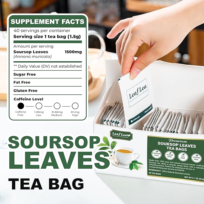 LeafLea 40 Premium Soursop Leaf Tea Bags, Pure & Natural Sour Sop Leaves, Graviola Leaves Tea, Hoja Guanabana Tea, Natural Digestion Support Herbal Tea Bags, Nutrient-Rich, No Sugar, No Caffeine