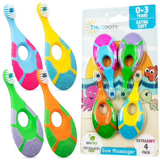 Baby Toothbrush 12 months and up - Toddler Toothbrush - Soft Bristles - Child Sized Brush Heads - infant toothbrush - Kids Tooth Brush - Easy Storage - Unisex Girl & Boy Set (4-Pack, Multi-Color)