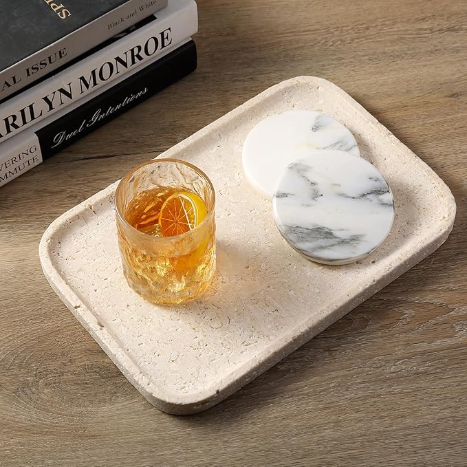Natural Marble Vanity Tray, 11.8" Marble/Stone Bathroom Tray Countertop, Beige Tray for Decor, Perfume Jewelry Holder, Storage/Organizer for Kitchen Sink