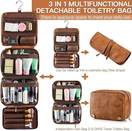 Elviros Hanging Travel Toiletry Bag Gift for Men，Mens Toiletries Bag Gifts Set Shaving Dopp Kit Water-resistant Bathroom Toiletries Organizer PU Leather Cosmetic Bags 2 Pack
