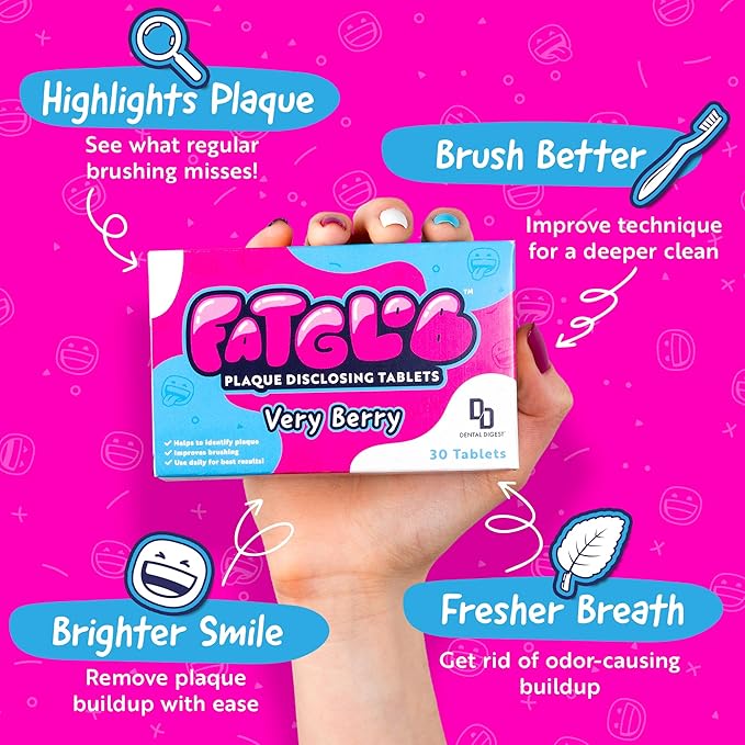 Fatglob Plaque Disclosing Tablets - Delicious Berry Flavor, Dental Care for Kids & Adults, Teeth Cleaning Made Easy, Perfect for Braces & Aligners, Essential Dental Care Kit 30 Counts