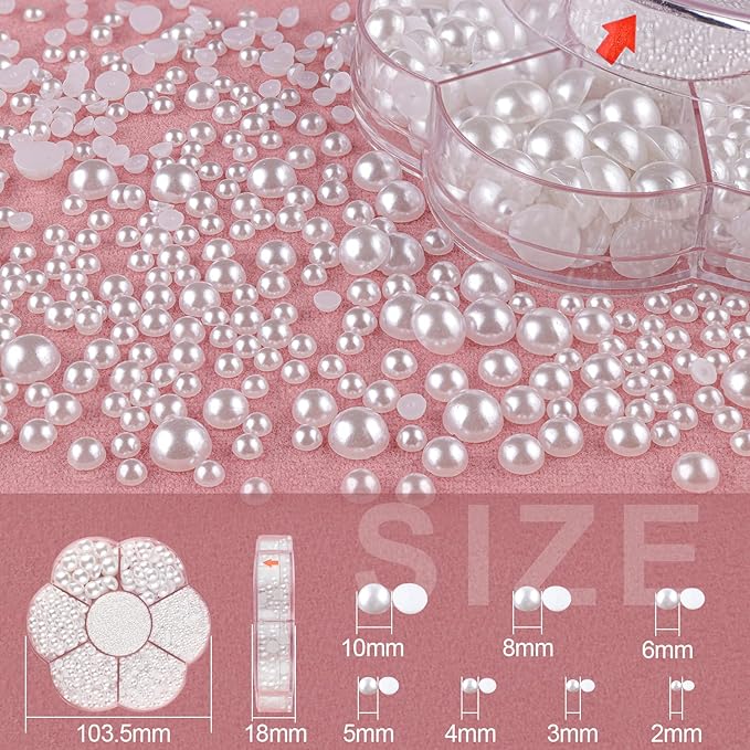 Nail Art Flat Back Half Round Pearl Kits 3, Mixed Sizes 6000 Pcs White Small Pearls for Nails with Picking Tools for Graduation Cap Decorations Home DIY Body Face Craft Salon Use