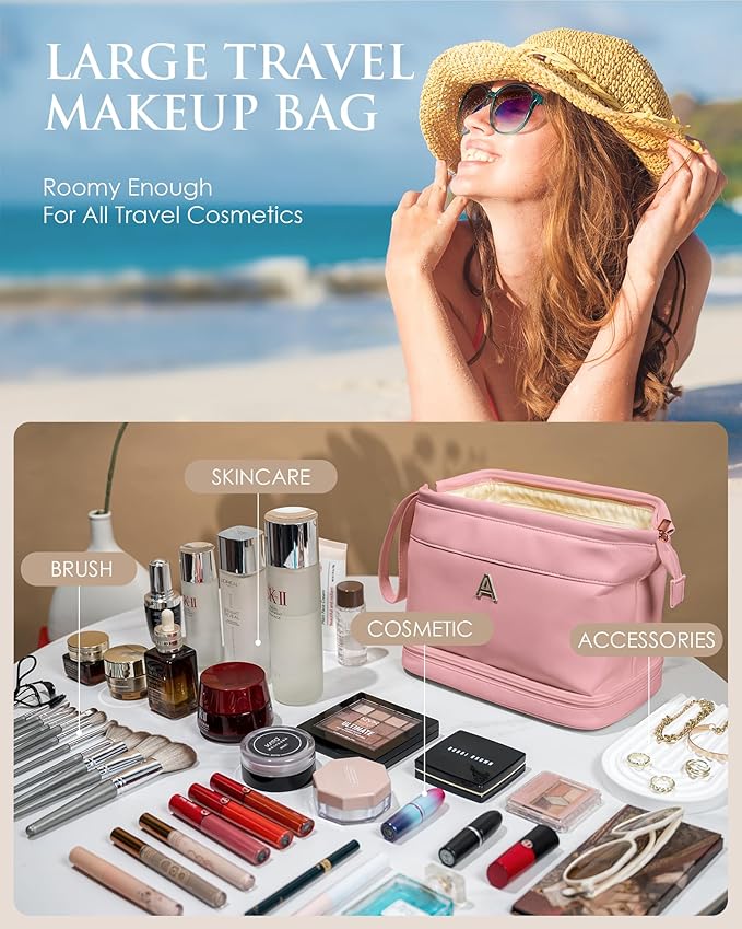 Bridesmaid Gift, Initial Makeup Bags, Personalized Double Layer Cosmetic Bag with Makeup Brush Organizer, Waterproof, Large Capacity PU Leather Travel Toiletry Bag