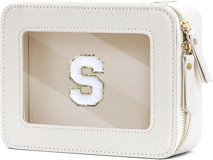 Initial Travel Toiletry Bag - Cosmetic Bags for Girls with Zipper, Clear & Potable Makeup Bag for Travel, Cosmetic Pouch Perfect Gifts for Graduation (Beige, S)