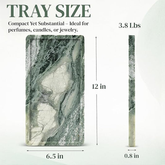 Green Marble Tray – 12" x 6.5" Decorative Vanity Tray for Bathroom, Countertop, Jewelry, Candles, Kitchen | Natural Stone Organizer for Makeup, Perfume, Skincare & Home Décor